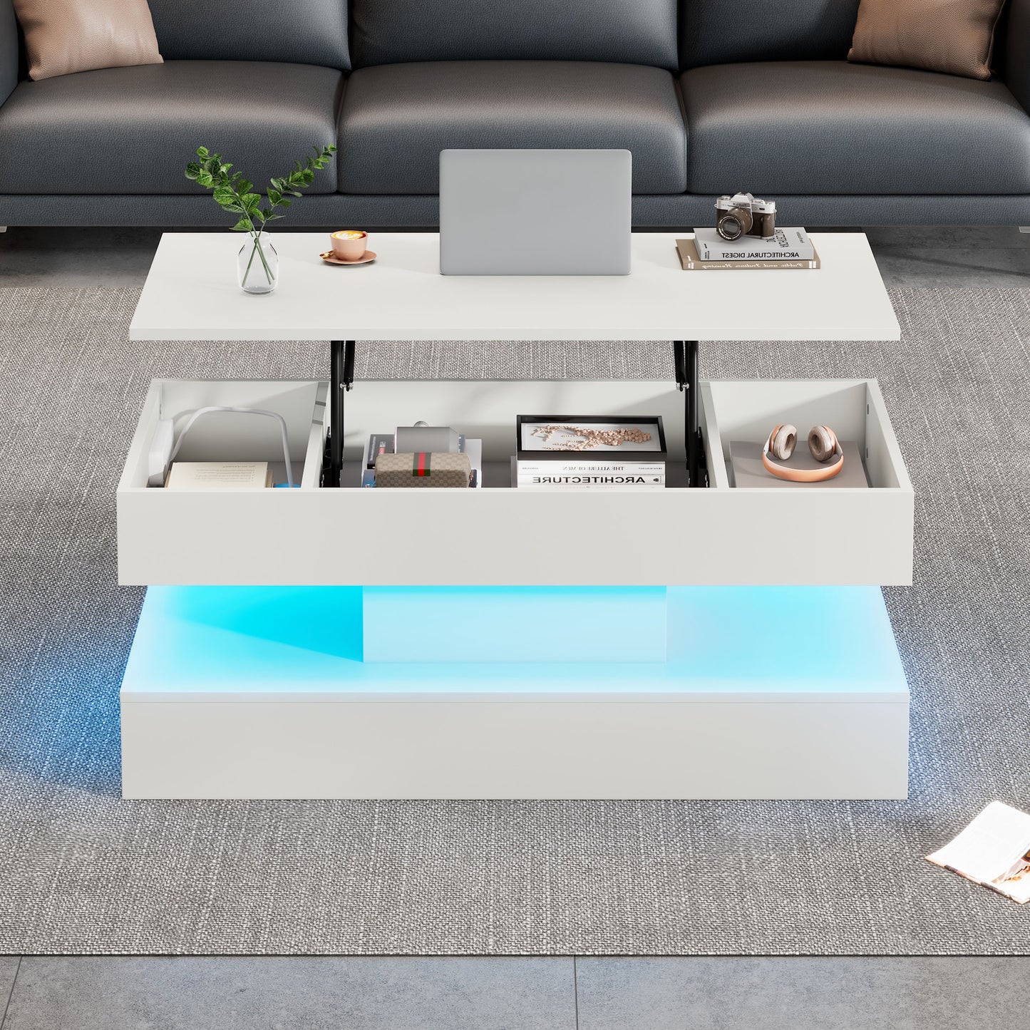 Modern Coffee Table With LED Lighting And Hidden Storage - Side Table With Hydraulic Lift, 100x50x42 Cm, 50 Kg Load