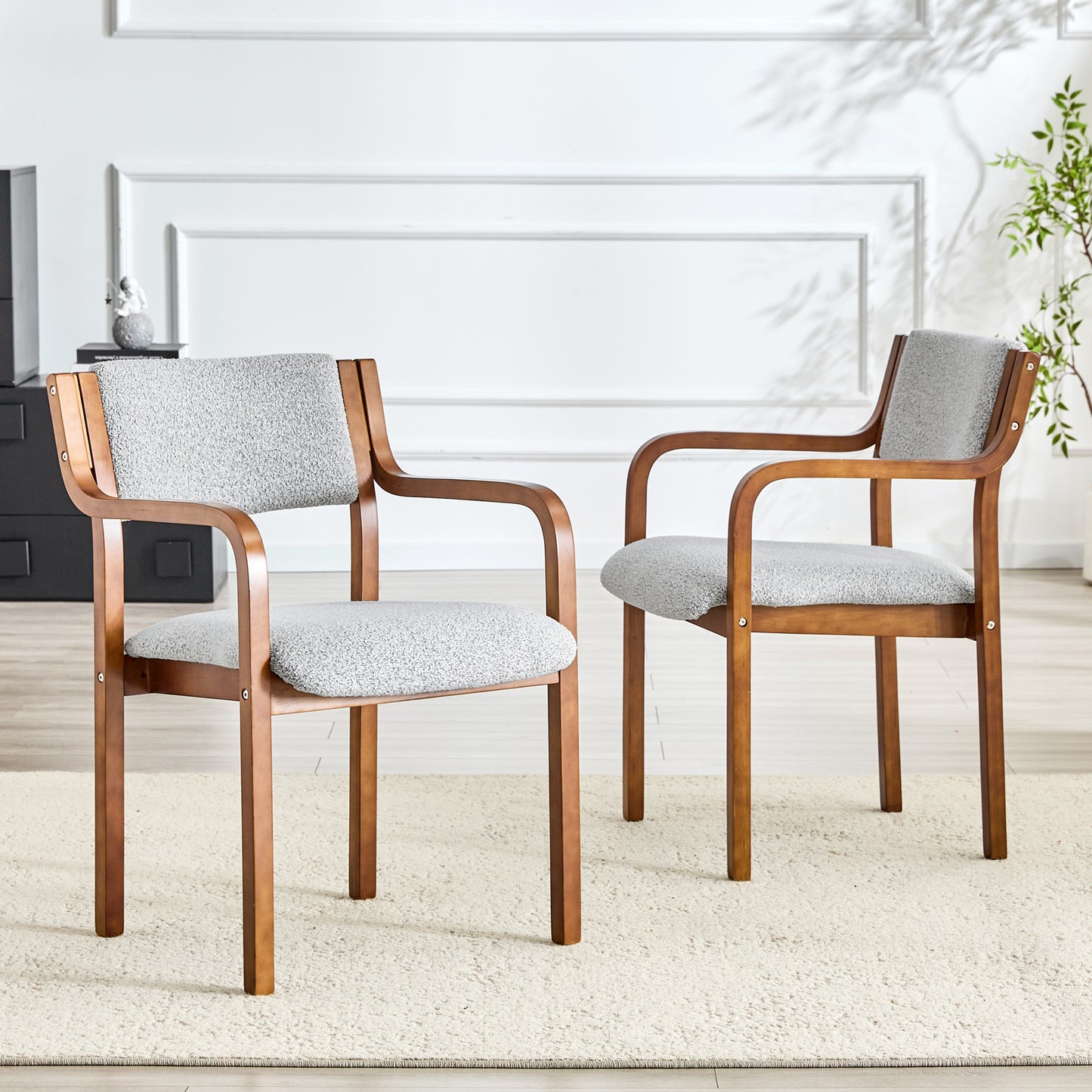 Set Of 2 Dining Chairs With Armrests, Bentwood, Teddy Fabric, Scandinavian, Kitchen & Living Room