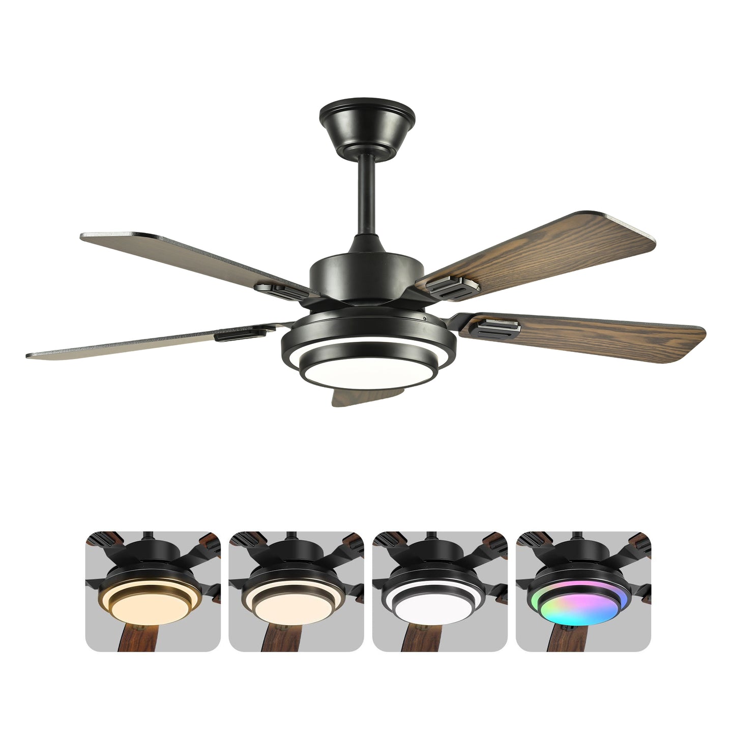 42  5PCS  Plywood Blades Ceiling Fan With LED  Light 3000-6500K Dimmable,Quiet DC Motor  Ceiling Fans 6 Speed Levels,Reversible Ceiling Fan,for Patio Living Room, Bedroom, Office,Indoor. Matte Black