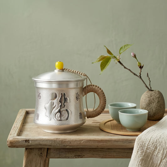 925 Sterling Silver Traditional Hammered Silver Tea Mug with Embossed Fu Character and Woven Accents - Handicraft