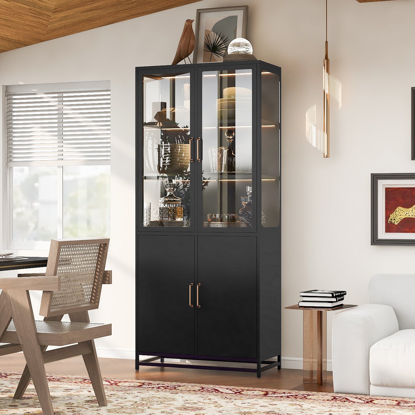 76.75  Tall Display Cabinet, With Glass Doors And LED Lights, Steel Curio Cabinet With 3-Sided Glass, Pantry Cabinet With Storage For Hallways, Livingroom Kitchen Home Decor & Office - Black