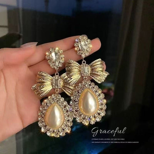 Korean Elegant Pearl Bow Drop Earrings For Women, Water Drop Vintage Palace Celebrity Style Light Luxury Fashion Stud Jewelry