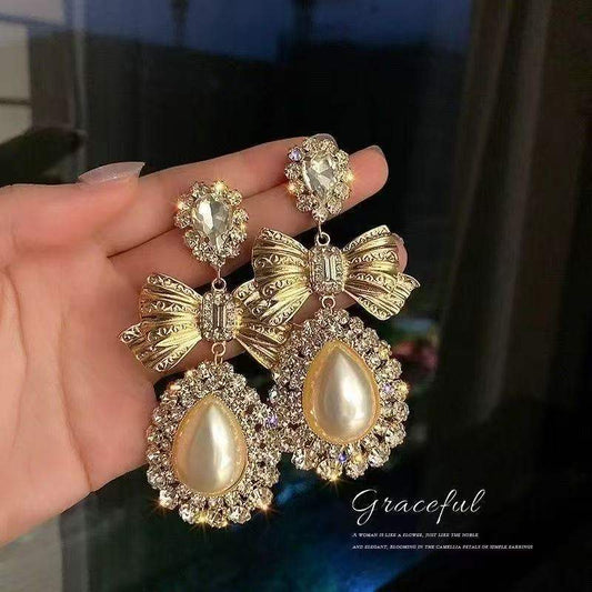 Korean Elegant Pearl Bow Drop Earrings For Women, Water Drop Vintage Palace Celebrity Style Light Luxury Fashion Stud Jewelry