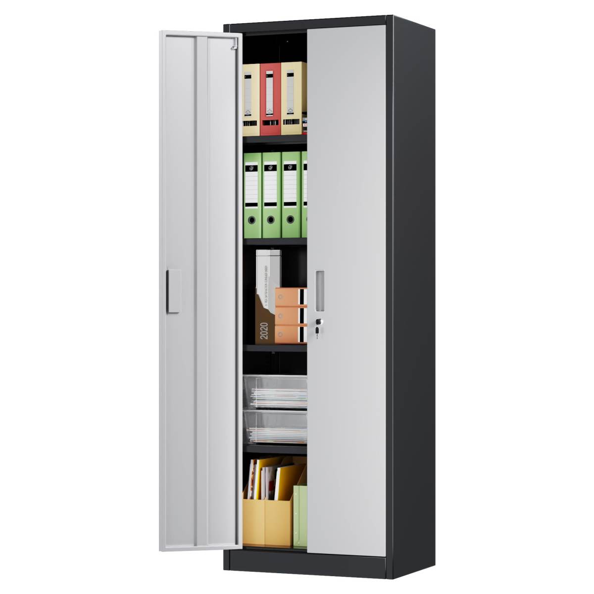 Metal Garage Storage Cabinet, Lockable Steel Storage Cabinet With 4 Adjustable Shelves For Garage, Office, Home, Assembly Required, Black & Gray