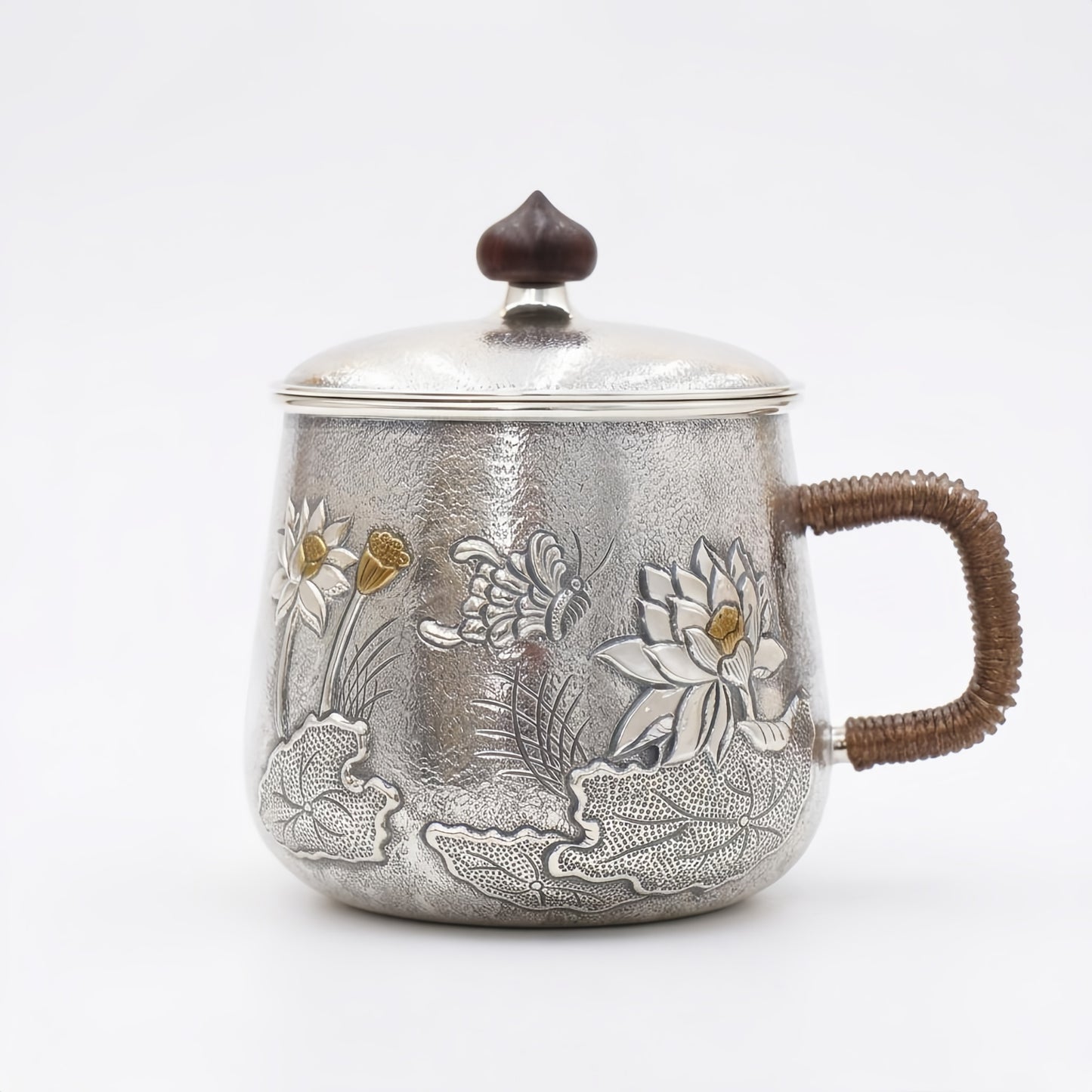 925 Sterling Silver Elegant  Teapot with Floral Embellishments and Wooden Accents-Premium Tea Mug - Handicraft