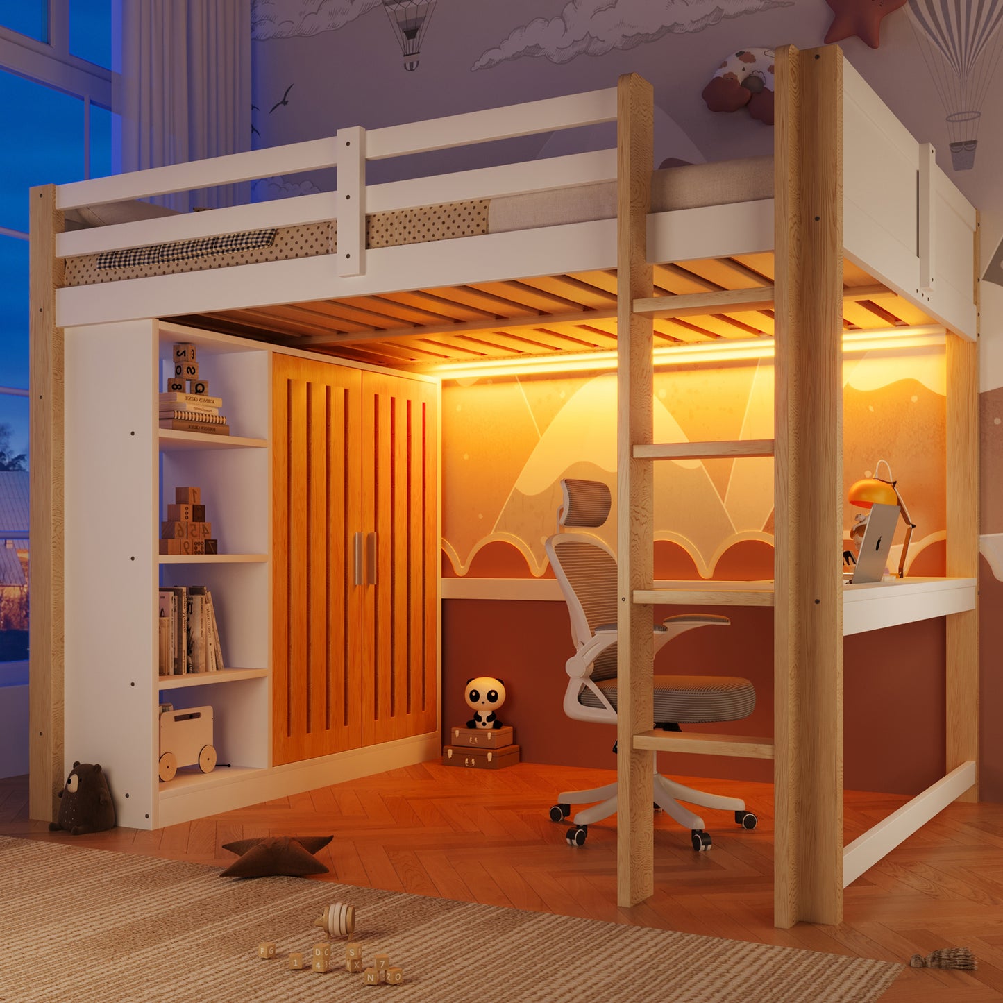 Loft Bed, 140x200cm, With LED Lights, Wardrobe, Shelf, Desk, Without Mattress, White Natural