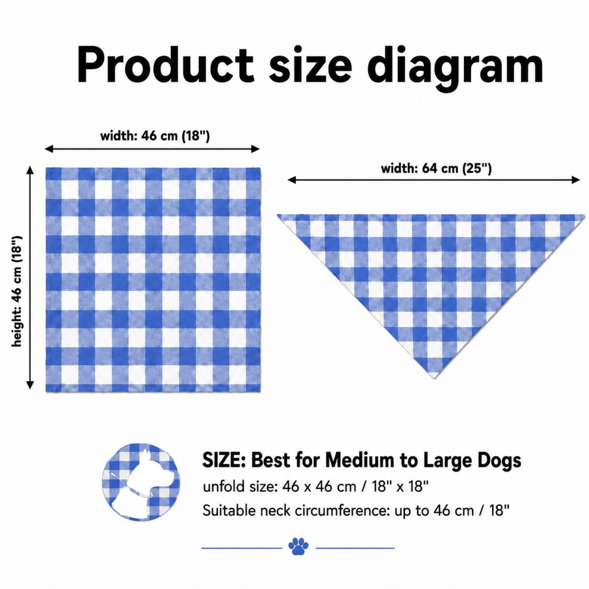 Blue & White Plaid Dog Bandana 1 Pack, Soft Cotton Blend Square Pet Scarf For Medium Dogs, Lightweight Breathable Kerchief, Fits Neck Up To 18 Inches