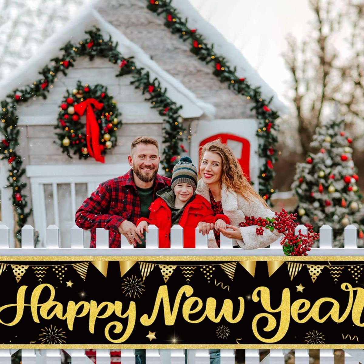 Happy New Year Banner, New Year's Eve Decoration, Extra-Long New Year's Banner, Black New Year's Banner, Hanging Decoration, 300x50cm, Outdoor, Indoor, Garden, Home
