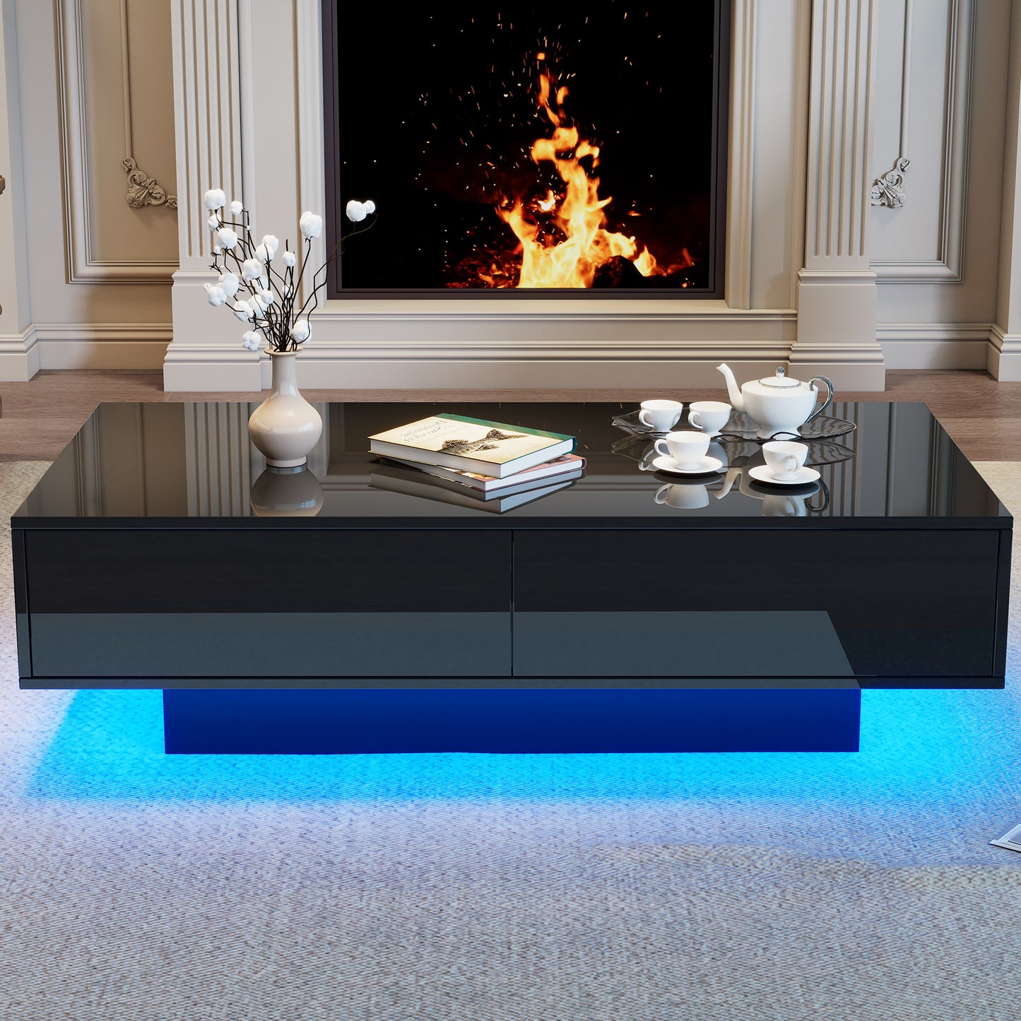 Modern Black Glossy Coffee Table, 115 X 55 X 34 Cm, With 2 Drawers, LED Lighting And 30 Kg Load Capacity - Elegant Living Room Coffee Table