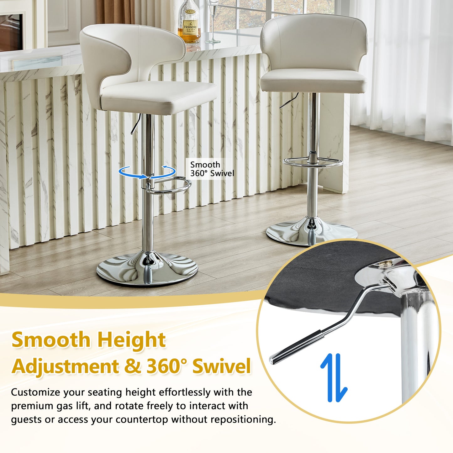 Modern Rotating Adjustable Bar Chair, PU Leather Belt Backrest Swivel Chair, Suitable For Kitchen Bar Counter And Dining Room, Adjustable Height, Capable Of Bearing 300 Pounds  White -2 Pieces