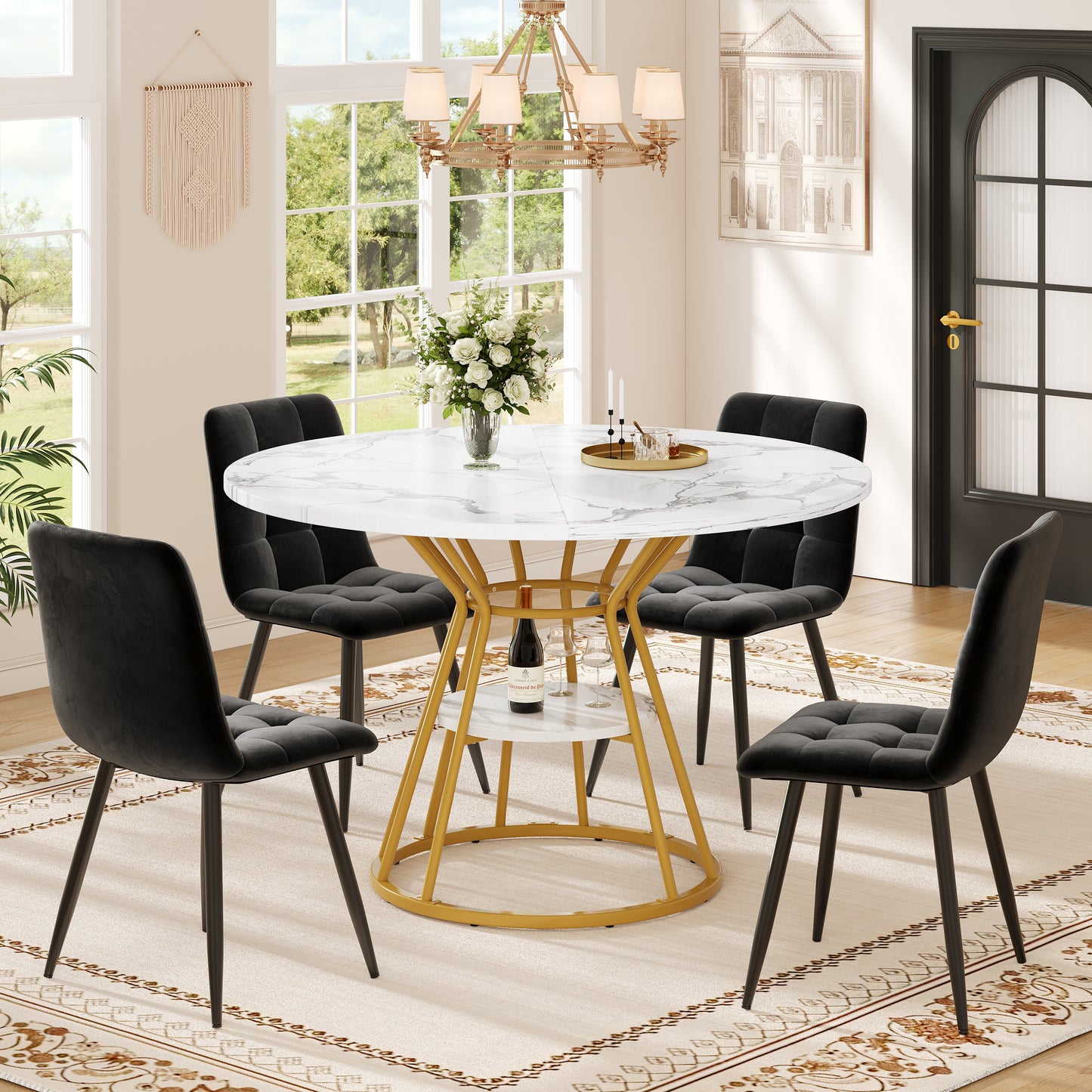 Round Dining Table  1 Piece Kitchen Table Breakfast Table Metal Legs Marble Pattern Gold Black