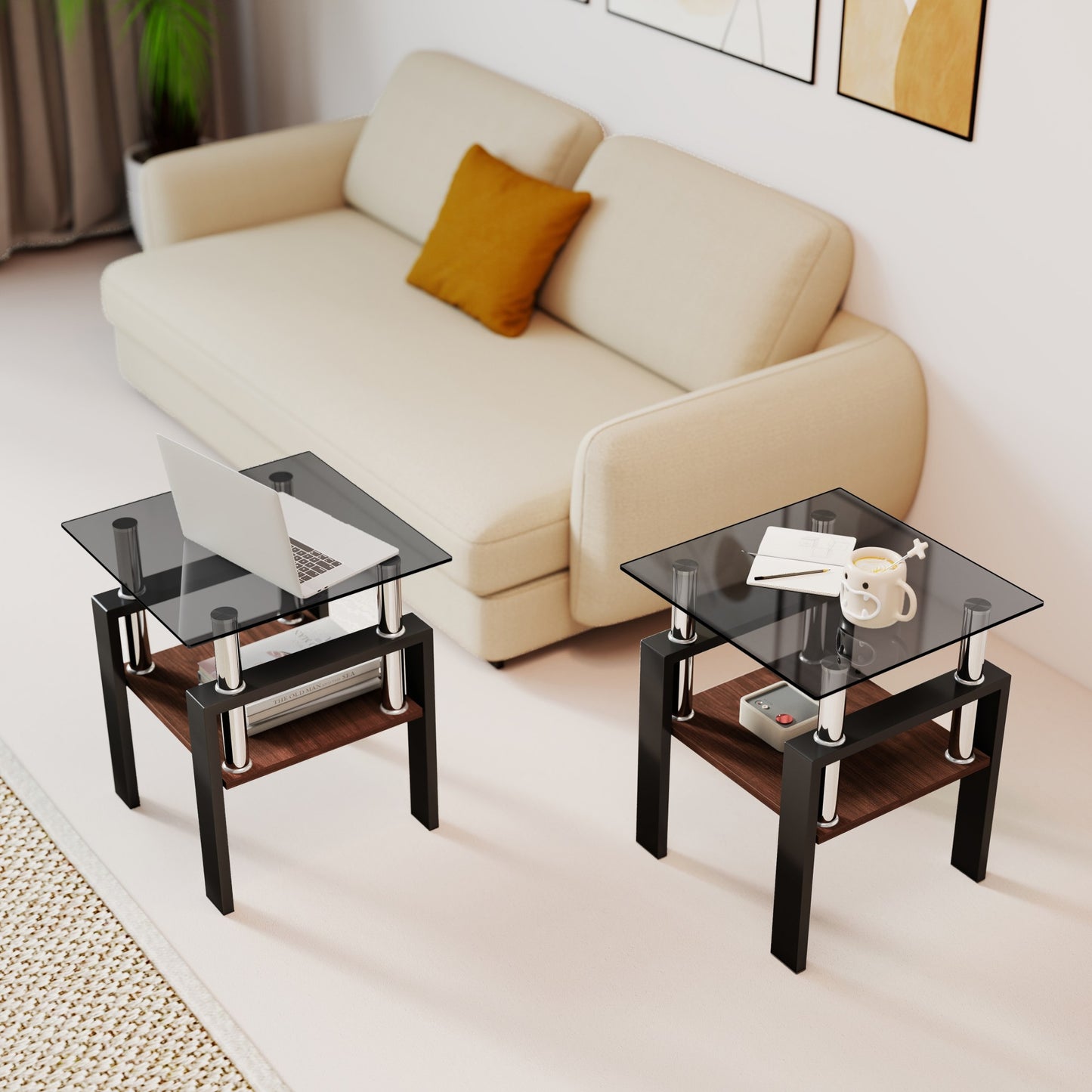 Set Of 2 Modern Tempered Glass Tea Table ,Tempered Glass Tabletop With MDF Layer,Coffee Table,End Table, Square Table For Living Room, Gray Black