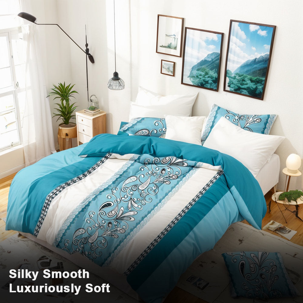 9 Piece Room In A Bag Quilt And Curtain Set, US Designer Turquoise Aqua Blue Paisley Scroll Print Heavyweight Bedspread With 6 Customizable Window Panels, Pet-Friendly High GSM Coverlet