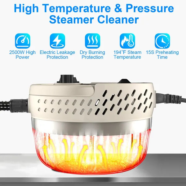 2500W Handheld High Temperature And Pressure Steamer Cleaner With 1400ML Tank 9 Accessories 6 Steam Levels For Dirt Grease Grout Tile Floor Couch Car