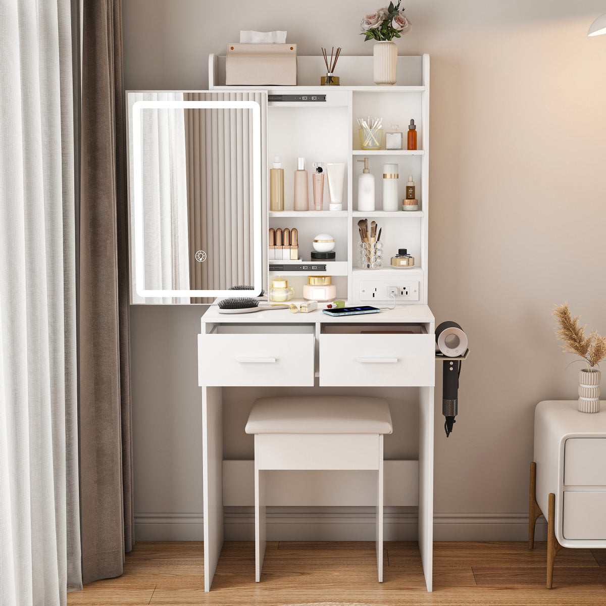 Small Makeup Vanity Desk With Mirror & Adjustable LED Lights,Built-in Power Outlet & Hidden Storage, Includes Padded Stool & Shelf,Space-Saving Dressing Table For Small Bedrooms,White