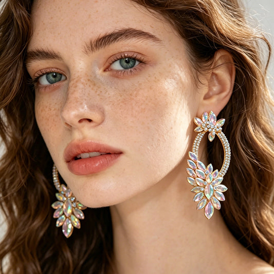 Vintage Floral Full Rhinestone Circle Drop Earrings - Niche Premium Evening Gown Photoshoot Aesthetic Ear Jewelry