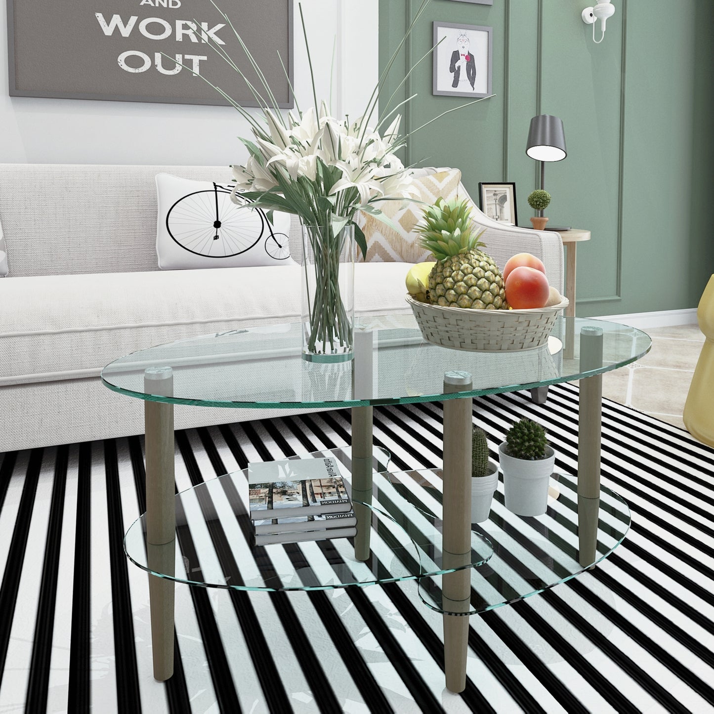 Transparent Oval Glass Coffee Table, Modern Table In Living Room Oak Wood Leg Tea Table 3-layer  Glass Table