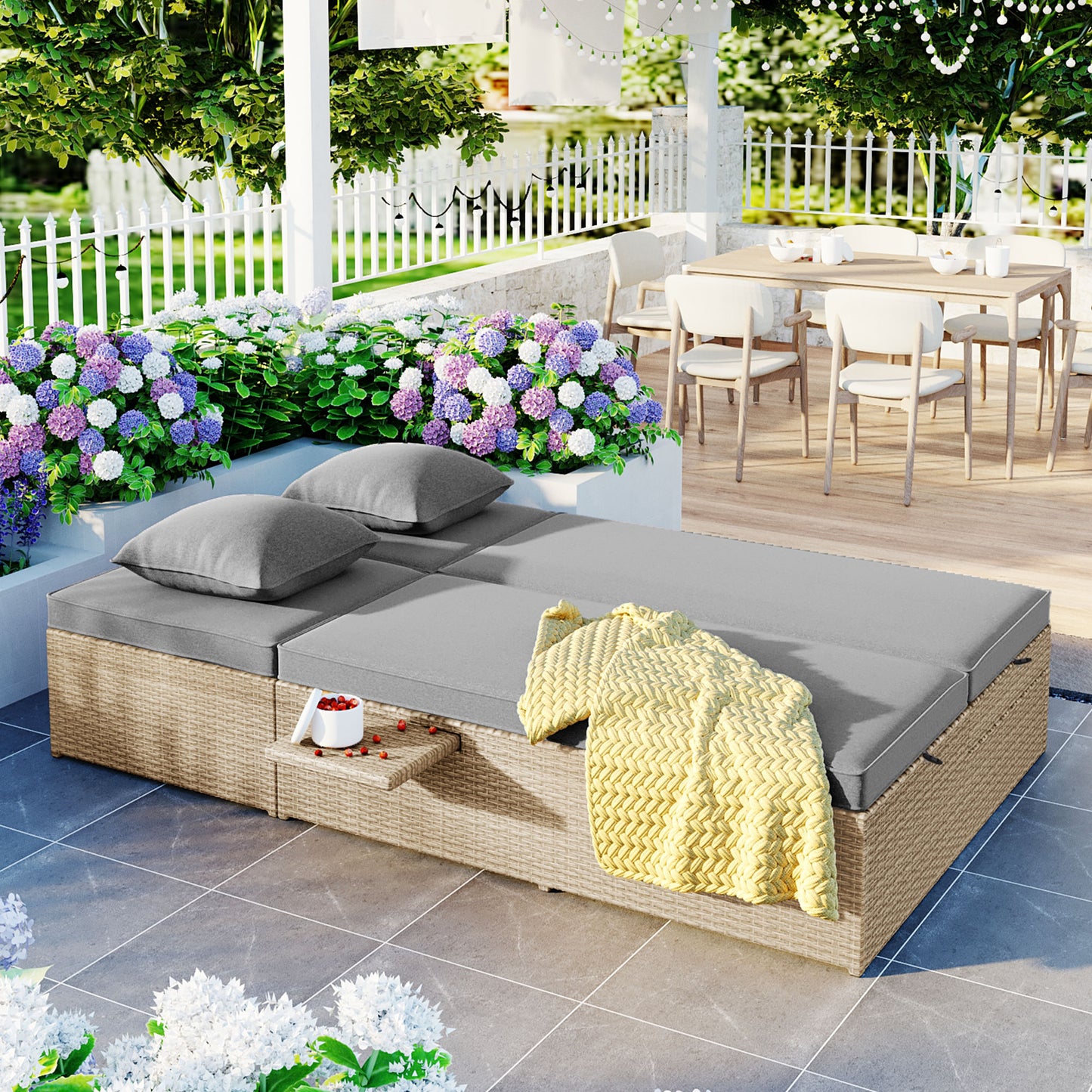 TOPMAX Outdoor Double Sunbed, Wicker Rattan Patio Reclining Chairs With Adjustable Backrest And Seat, Conversational Set For 2 Person, Brown