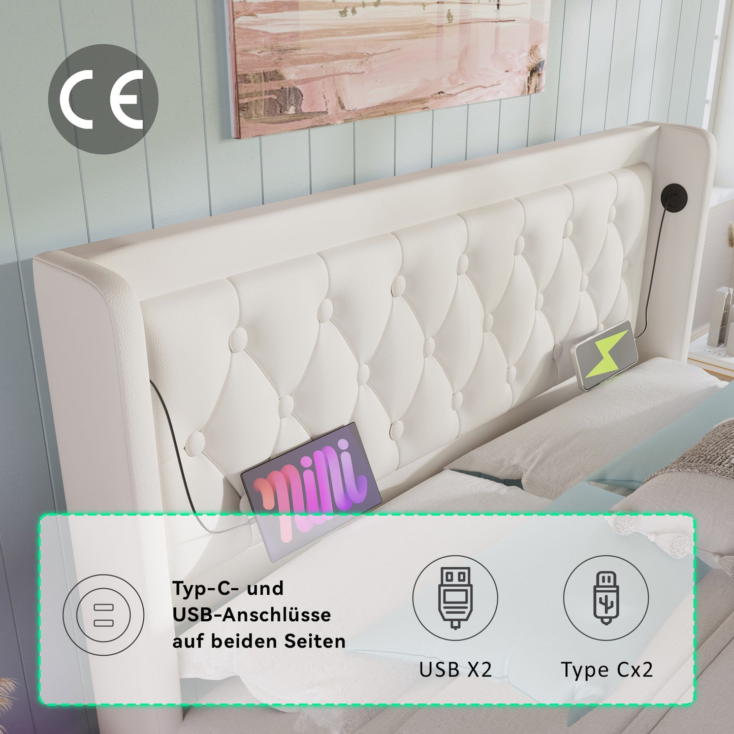 Upholstered Bed Double Bed 180x200 Cm,White PU Material Hydraulic Storage Bed, Upholstered Headboard With USB Type-C Charging Function, 3-Sided LED Function Without Mattress