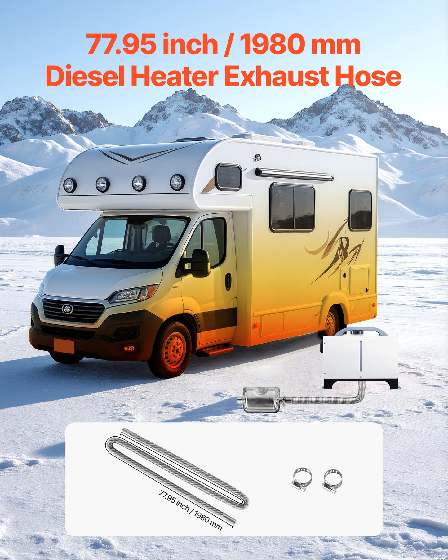 Exhaust Hose, 77.95 Inch Stainless Steel Exhausts Hose, Diesel Heater Flexible Exhaust Pipe With 2 Hose Clamps, Exhausts Hoses Kit Diesel Heater Accessories For 2KW 5KW 8KW Diesels Heaters