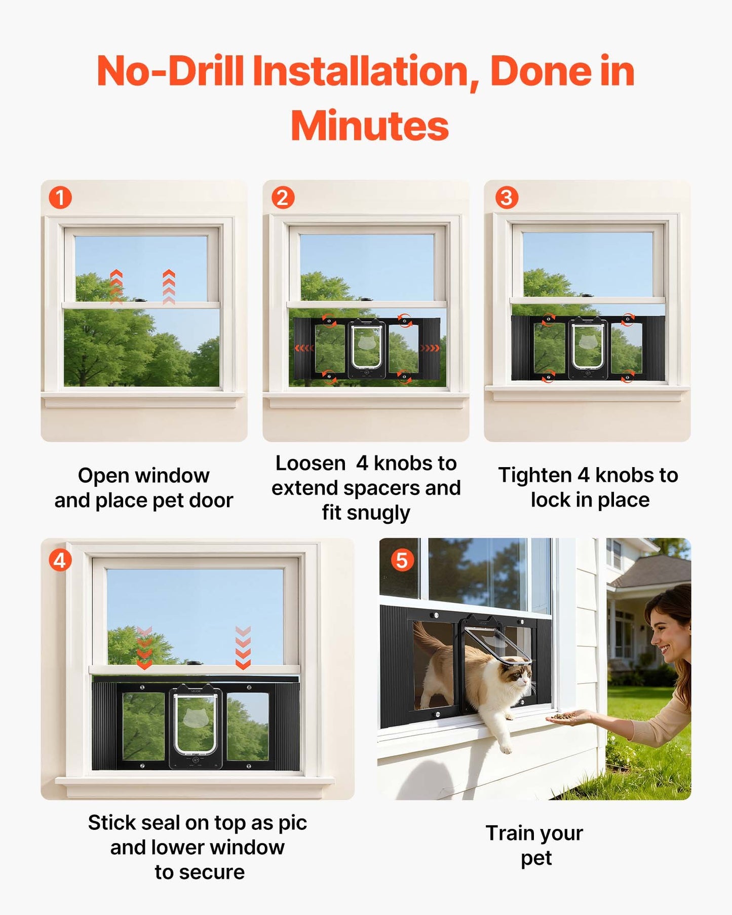Cat Door For Window, Adjustable To Fit Window Width 31"-36", 4 Secure Lock Modes, Aluminum Frame And High-Transparency Glass, Magnetic Closure, Weatherproof Quick-Fit Pet Door For Cats, Black
