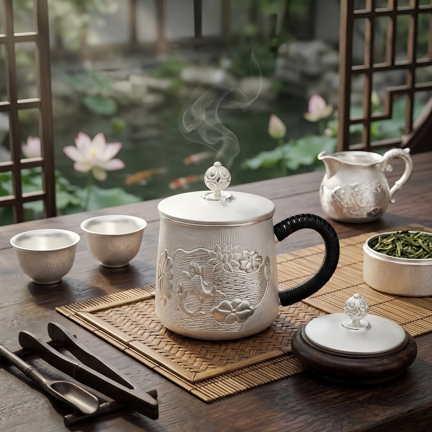 925 Sterling Silver Elegant Silver Tea Mug featuring Embossed Koi and Lotus Design with Woven Handle - Handicraft