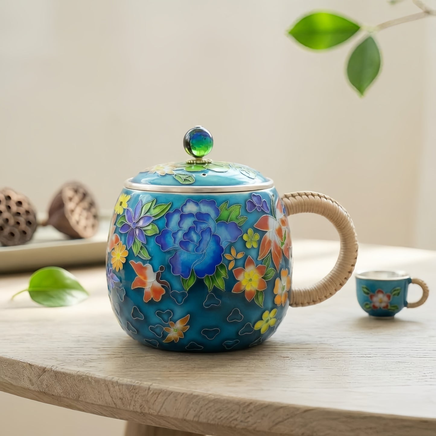 Pure 999 Fine Silver Blue Floral Teapot with Woven Handle-Premium Indigo Tea Mug - Handicraft