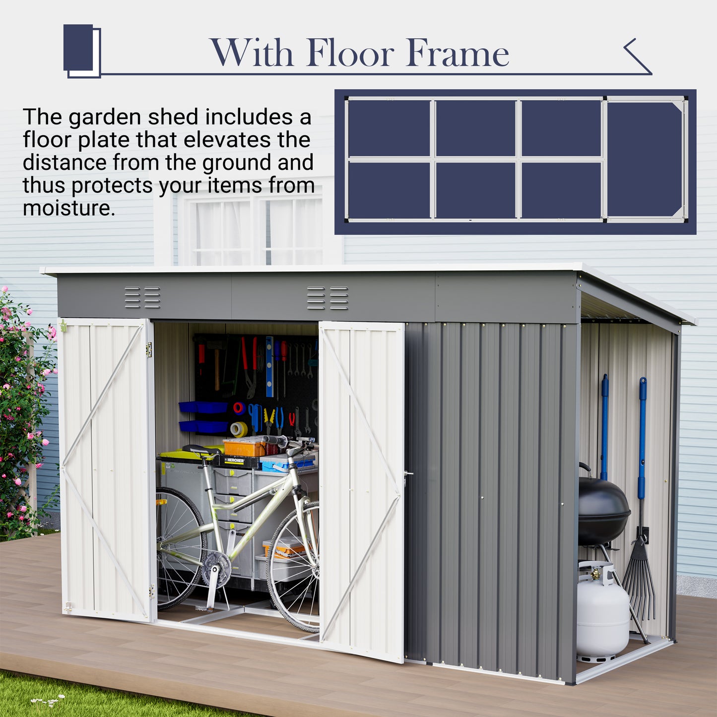 10 X4  Outdoor Metal Storage Shed For Garden Tools Lockable Door With Floor Frame