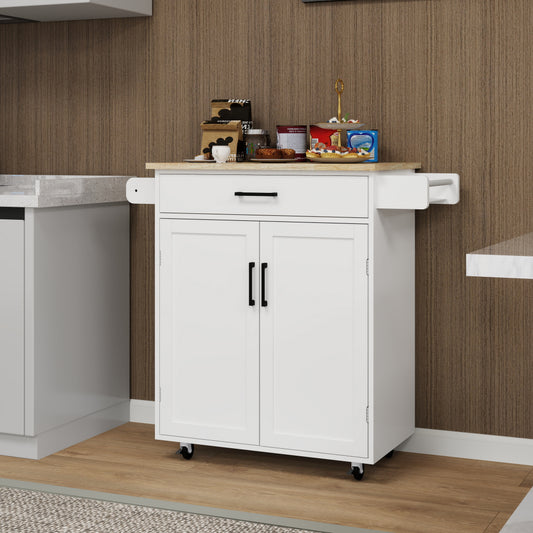 Kitchen Island Rolling Trolley Cart With 1 Drawer & 2 Doors With Storage Racks & Adjustable Shelves & Towel Rack & Seasoning Rack Rubber Wood Table Top-White