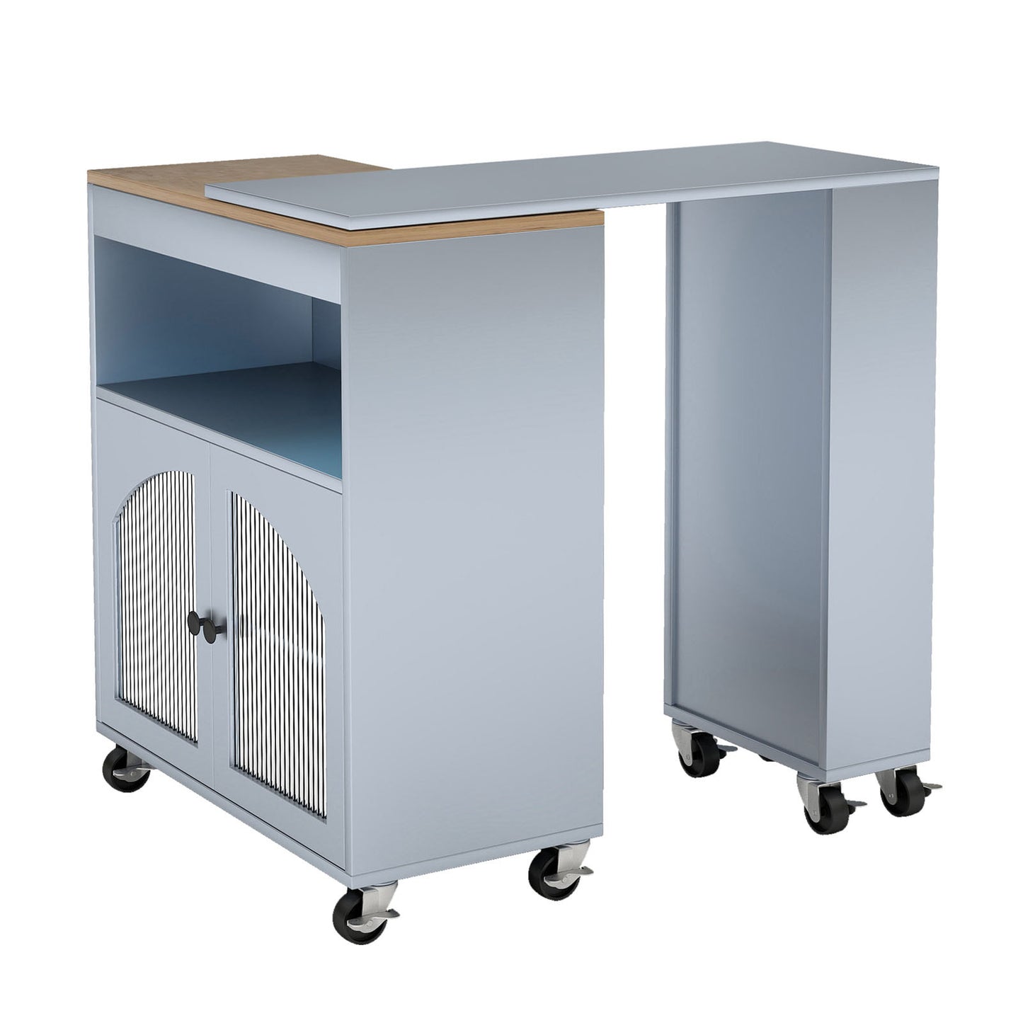 Kitchen Island On Wheels With Extended Table MDF Rolling Kitchen Storage Cart With LED Light Power Outlets 2 Fluted Glass Doors Side 3 Open Shelves Blue US Plug