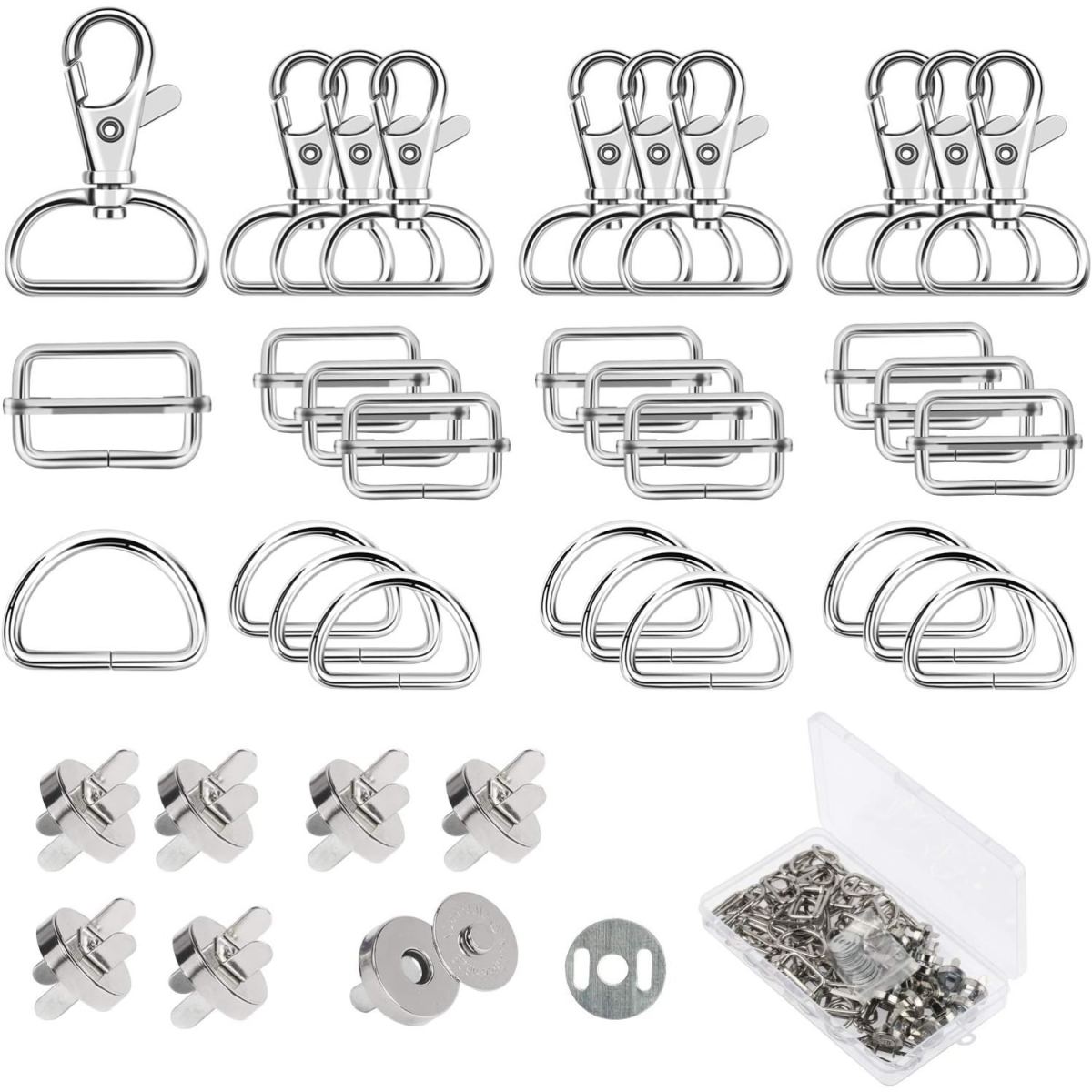 64-Piece Set Of Bag Accessories For Sewing: D-Rings, Sliding Buckles, Strap Adjusters, Swivel Carabiner Hooks, Magnetic Buttons, Magnetic Closures For Bags And Belts—Sewing Accessories