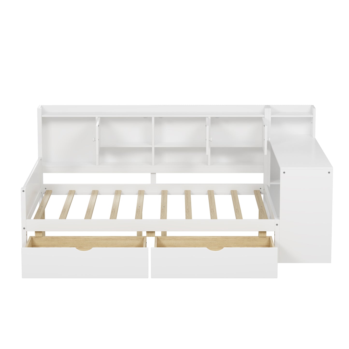 Full Size Wooden L-Shape Daybed With Seven Storage Cabinets And Two Storage Drawers, Multi-functional Bed With Study Desk And Built-in Bookshelf, White Old