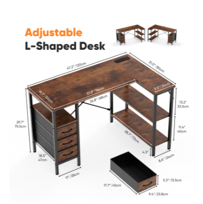 L-shaped Computer Gaming Table With Monitor Stand, 3 Drawers, USB Interface, Power Socket, Corner Workstation