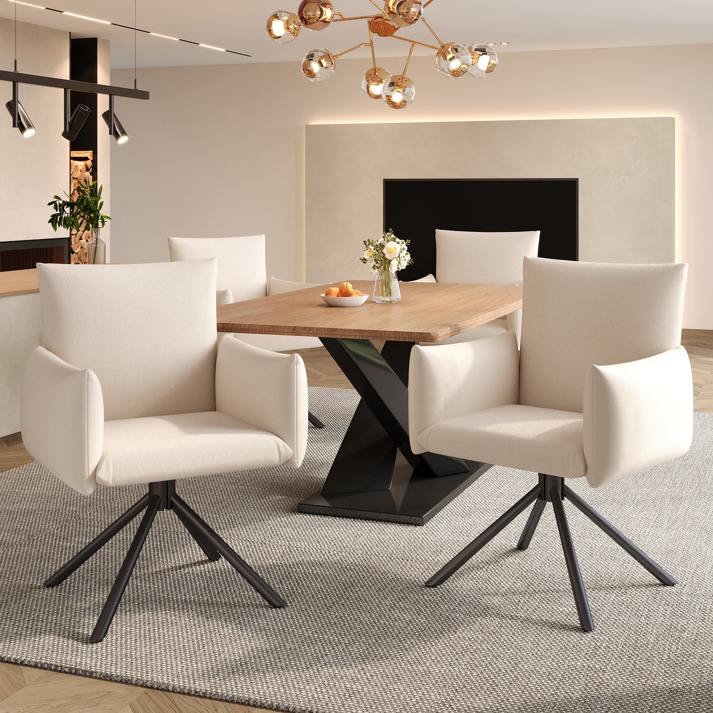 Set Of 6 Dining Chairs, Upholstered Armchair With 4 Metal Legs, 360 Casual Swivel Chair, Living Room Bedroom Chair, Work And Desk Chair, Lumbar Support, Linen, Beige