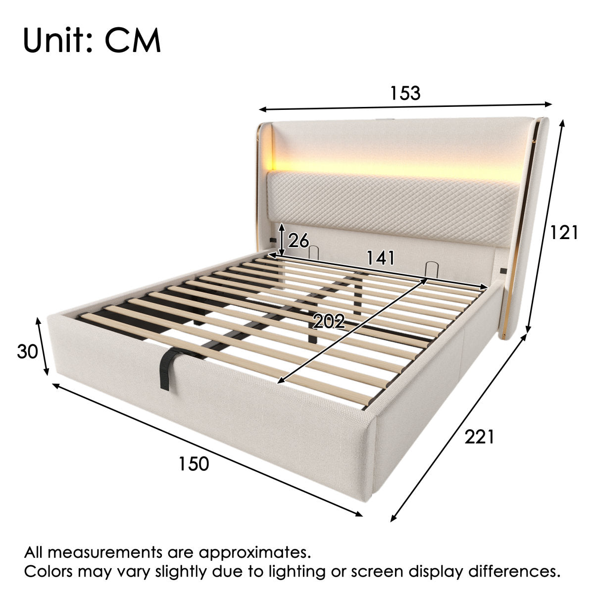 Modern Hydraulic Bed With High Headboard, 140x200cm Double Bed With LED Lighting, Storage Space & USB Type-C Ports, In Linen Look Beige Without Mattress