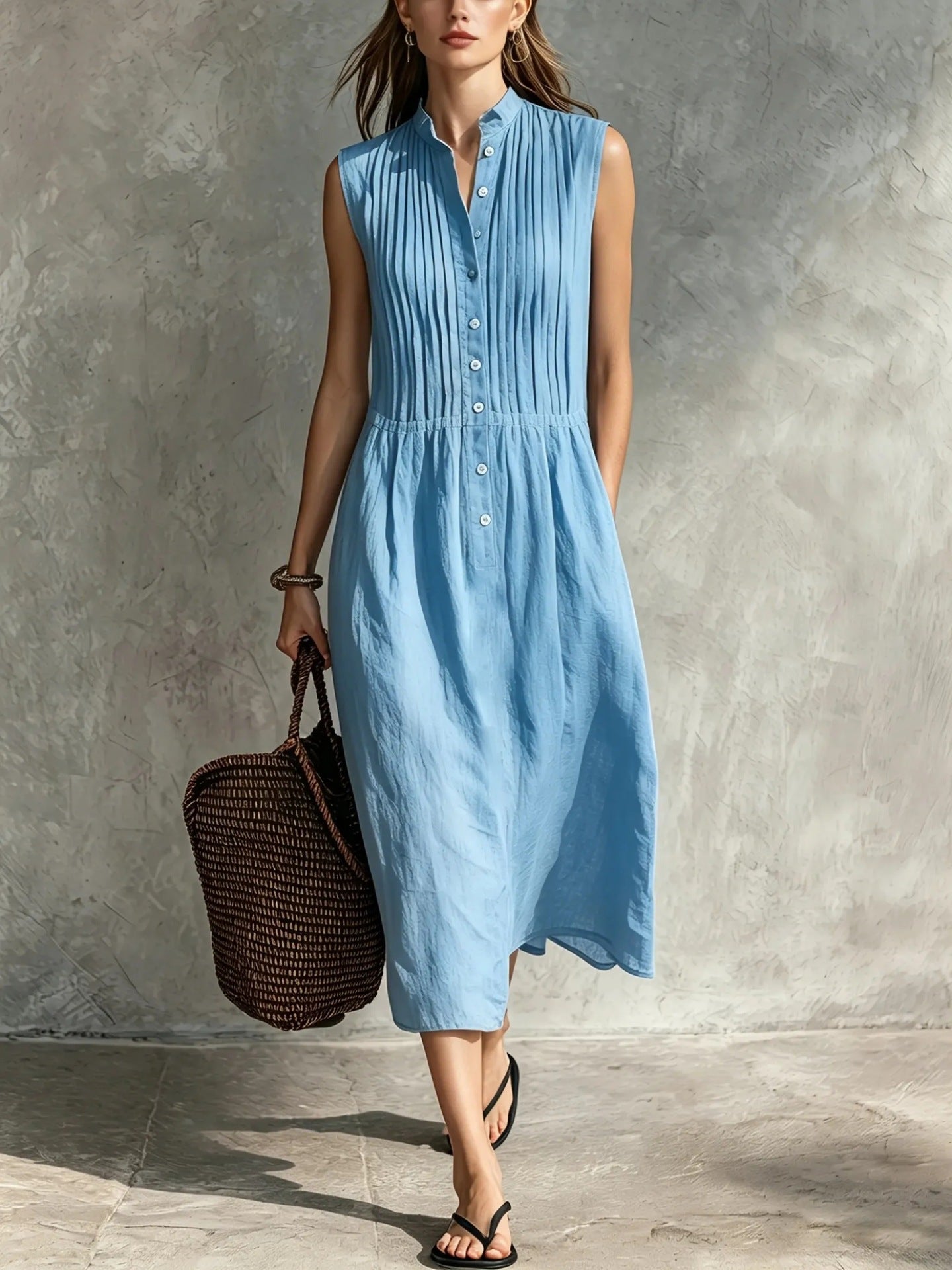 Womens Fashion Simple And Elegant Sleeveless Single-breasted Dress