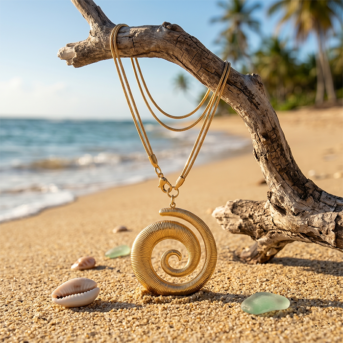 Chunky Spiral Pendant Necklace For Women, 18K Gold Plated Stainless Steel Snake Chain Choker, Vintage Swirl Statement Summer Beach Jewelry Gift