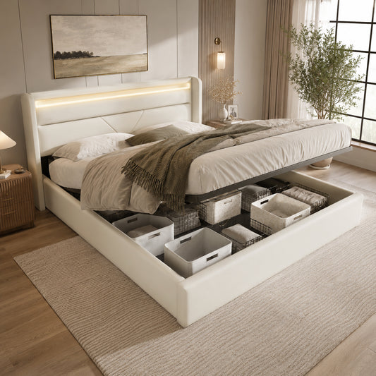 Hydraulic Storage Bed With LED Lighting Strip, Double Bed Bed Frame Upholstered Bed 160x200cm, Functional Bed, White  With Remote Control