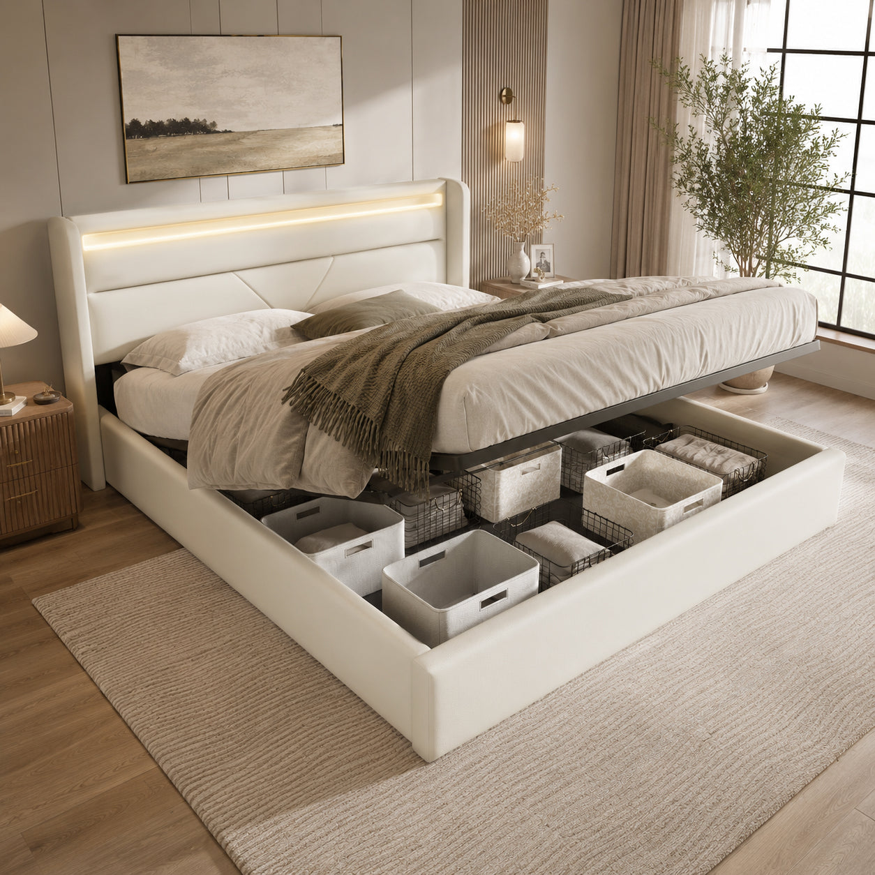 Hydraulic Storage Bed With LED Lighting Strip, Double Bed Bed Frame Upholstered Bed 140x200cm, Functional Bed, White  With Remote Control