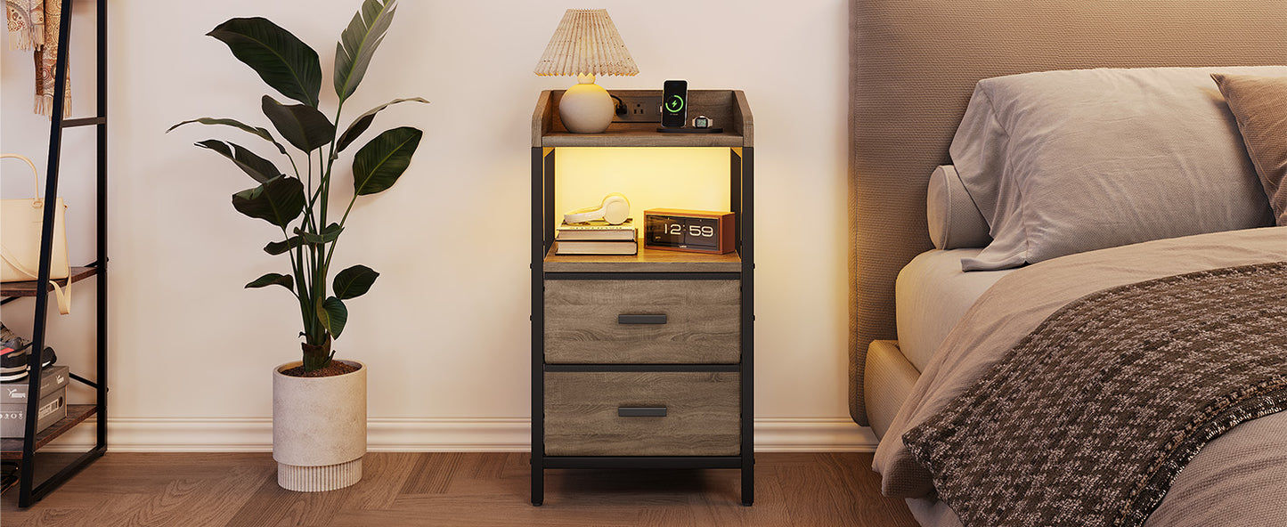Nightstand With Charging Station Modern Bedside End Side Table With Guardrail Storage Shelf 2 Fabric Drawers USB Ports AC Outlets
