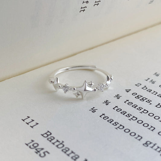 S999 Fine Silver Four-pointed Star Zircon Ring Korean Style Women Jewelry