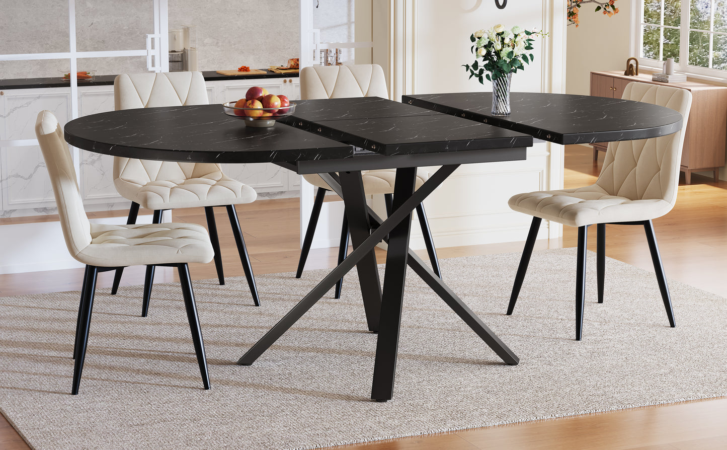 Round Extendable Table With Marble Look - 100 Cm  Extendable To 140 Cm  X 75.5 Cm High - With Sturdy X-shaped Metal Frame In Black - Ideal As A Kitchen Table Or Breakfast Table