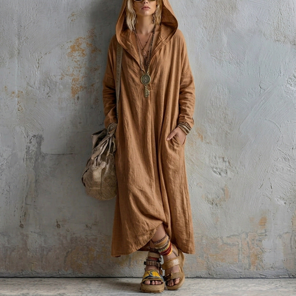 Autumn New Hooded Linen Long Dress With Long Sleeves