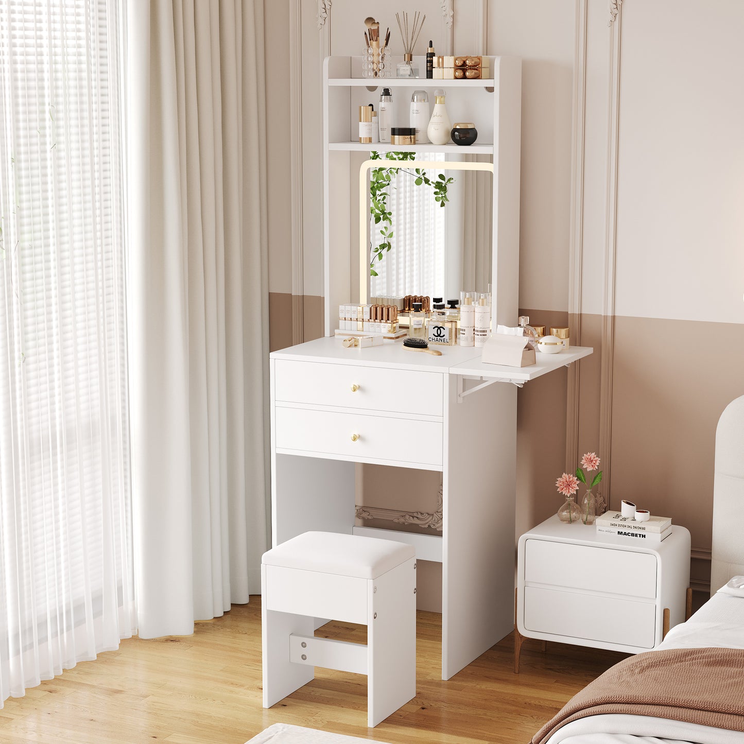 Small Dressing Table With Adjustable LED Lighting And -Incl. 1 Stool, 2 Drawers, Two Open Compartments And Storage Space With 25cm Folding Table Top Colour White Dimensions  WxHxD 75 X156 X45 Cm