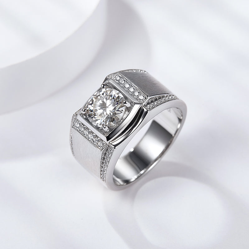 S925 Sterling Silver Men's Wide Band Moissanite Ring, 1&2ct D-VVS1 Brushed Finish With Pave Accents, Platinum Plated US Sizes 5-9, GRA Certificate Gift Box