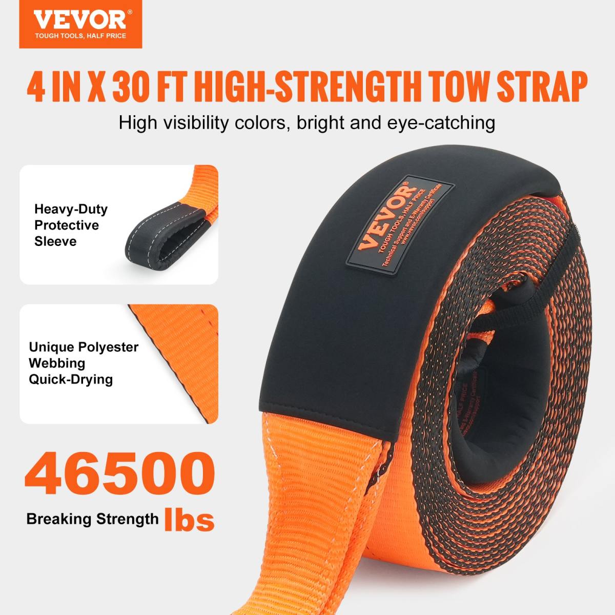 Recovery Tow Strap 4" X 30', 46,500 Lbs Break Strength, Triple Reinforced Loop Straps, Tree Saver, Off Road Towing And Recovery, Extreme Weather Resistance, Protective Sleeves & Storage Bag