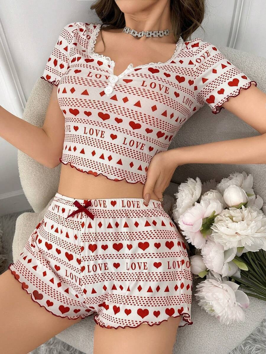New-Style Home Printed Ribbed Heart-Button Womens Pajama Set
