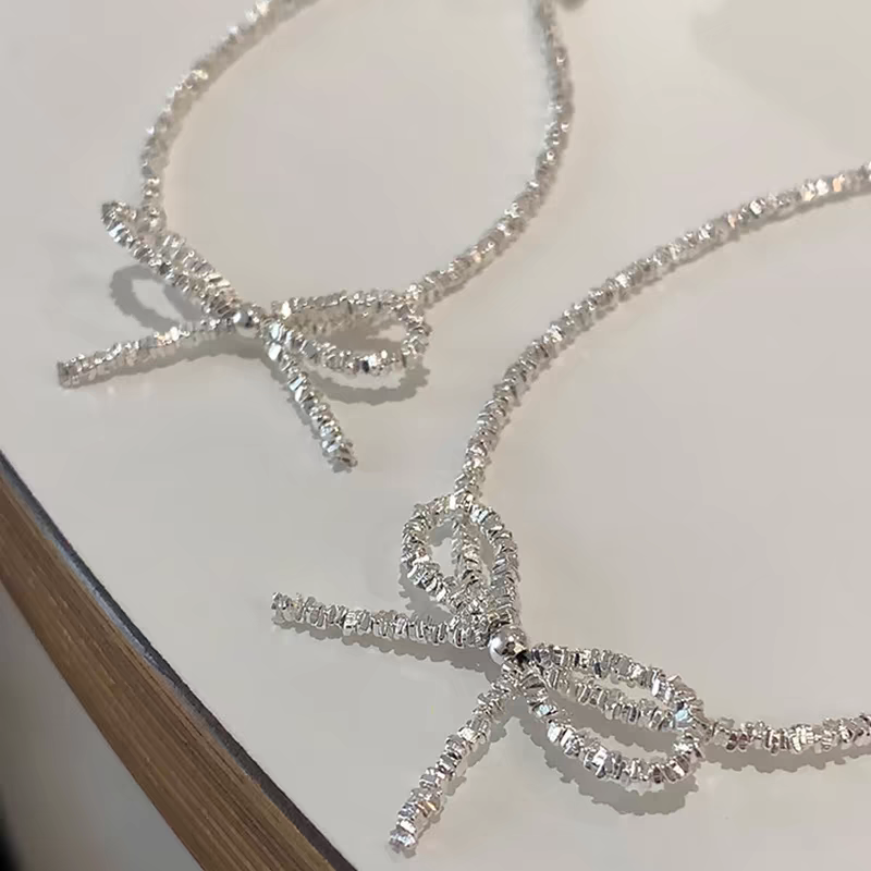 1 Set 999 Sterling Silver Bow Necklace And Bracelet Set, Shiny Minimalist Style, Perfect For Daily Wear And Valentine's Gift