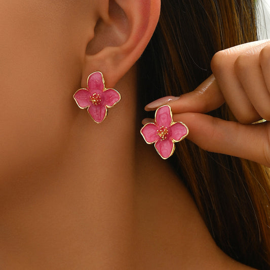 Ins Japanese KoreanPure Sweet Women Earrings, Luxury Floral Oil Drip Design Stud Earrings, Niche Daily Fashion Ear Jewelry For Ladies
