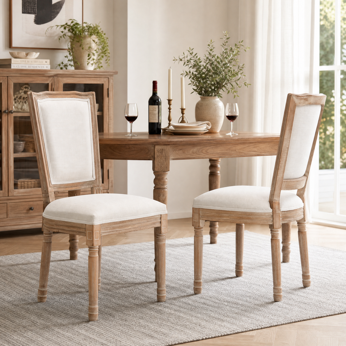Farmhouse Solid Wood Frame Dining Chairs with Cushioned Linen Seat & Top-Wide Backrest for Kitchen, Dining Room, Living Room, Beige, Set of 2